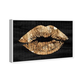 The Oliver Gal Artist Co. Fashion and Glam Framed Wall Art Canvas Prints 'Solid Kiss Night' Lips Home Décor, 24 in x 16 in, Gold, Black