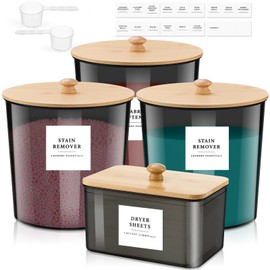 Threehoney 4 Pack Laundry Powder Container and Dryer Sheet Holder with Scoops Labels Plastic Laundry Pods Container Laundry Powder Storage Jars with Lids Laundry Room Organization for Detergent