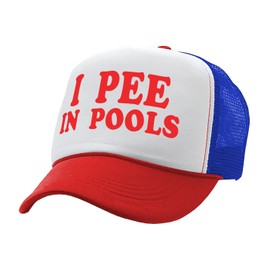 I Pee in Pools - Funny Dare Gag Gift Joke - Vintage Retro Style Trucker Cap Hat (US, Alpha, One Size, Red White Blue)