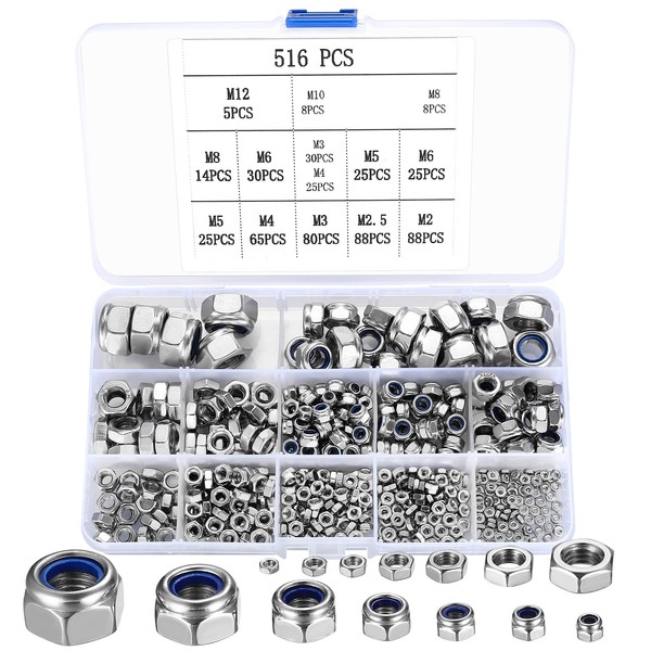 Hex Nuts Locking Nuts Assortment, 516 Pieces Self-Locking Nuts, Stainless