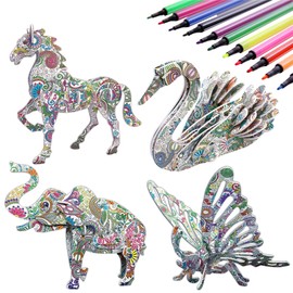 KAZOKU Crafts for Girls Ages 8-12 3D Coloring Puzzles Toys 4 Animals Puzzles with 12 Pen Markers Creative Arts and Crafts Kits for Kids Ages 8 9 10 11 12 Birthday Gifts Children's Day for Grils Boys