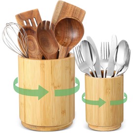 SiliFine 2 Pack Wooden Utensil Holder, 360°Rotating Kitchen Cooking Utensil Crock, Spoon Spatula Holder for Kitchen Counter, Farmhouse Countertop Organizer(Bamboo,Round)