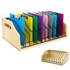 Youeon Large Vertical Clipboard Holder, 12 Slots Wood and Metal Clipboard Storage Rack, Desk File Organizer with Side Panel for Home, Office, School, No Assembly Required