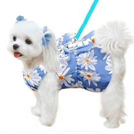 ABRRLO Cute Dog Dress Small Dog Clothes for Girls Female Puppy Outfits Blue Daisy Pet Summer Clothes Bowknot Doggy Cat Princess Dress Harness Set for Holiday Birthday Party Costume Clothing (Blue,S)