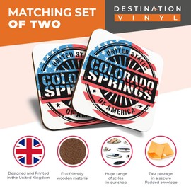 Great Coasters (Set of 2) Square/Glossy Quality Coasters/Tabletop Protection for Any Table Type - Colorado Springs USA American Map #6071