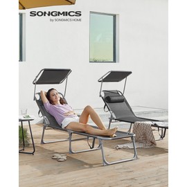 SONGMICS Sun Lounger, Patio Chaise Lounge Chair, Folding, with Canopy, 76 x 20.9 x 11.4 Inches, Holds 330 lb, Headrest, Adjustable Backrest, Outdoor Garden Pool, Dark Gray UGCB19UV1