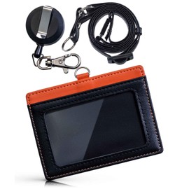 RAKUPORTE ID Card Holder with Clip, Surprisingly Low Price, Carefully Selected Cowhide Leather, Stretchable Reel with Clip, orange