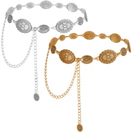 HomeChi Cinturón de Mujer 2 Piezas, Ovalados Cintura Metal Europea y Americana, Retro y Versátil Cadena Cintura y Pantalón de Estilo Occidental Alta Gama, Adecuado para Decorar Todo Tipo Ropa