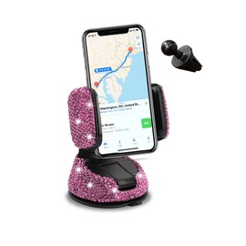 CGEAMDY Universal Bling Car Cell Phone Holder, 360°Adjustable Rhinestone Car Phone Mount with One More Air Vent Base, Crystal Car Interior Decoration, for Windshield, Dashboard and Air Vent(Pink)