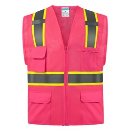 SHORFUNE High Visibility Mesh Safety Vest with 10 Pockets, Mic Tabs, Zipper and Reflective Strips, Reflective Construction Vest for Men and Women, ANSI/ISEA Standards, Pink,6XL