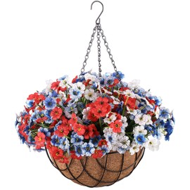 Beeveer Artificial Spring Hanging Flowers in Basket for Home Decoration Faux Orchid Arrangement Porch Plants Coconut Lining Basket for Autumn Courtyard Decor(Bright Color, 1 Pack)