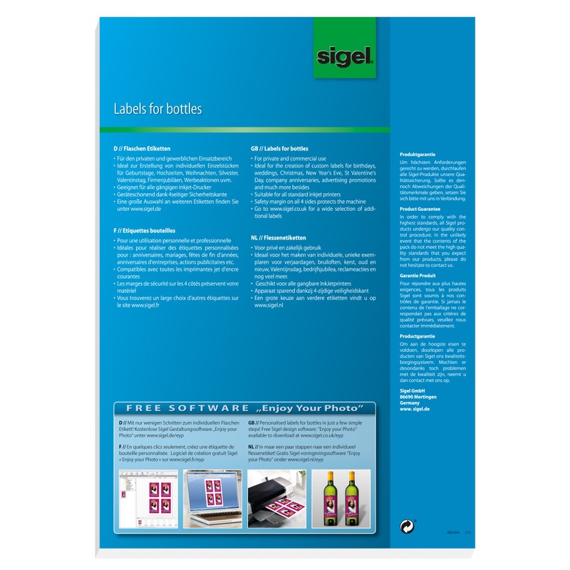 Sigel 80 x 120mm Labels for Bottles (20 Pieces)