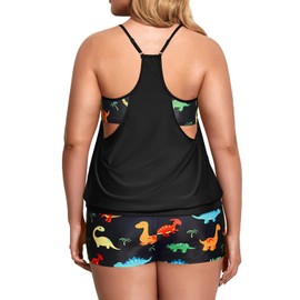 Holipick Dinosaur Plus Size Tankini Swimsuit for Women Two Piece Tummy Control Bathing Suit Blouson Tankini Top with Shorts 20W