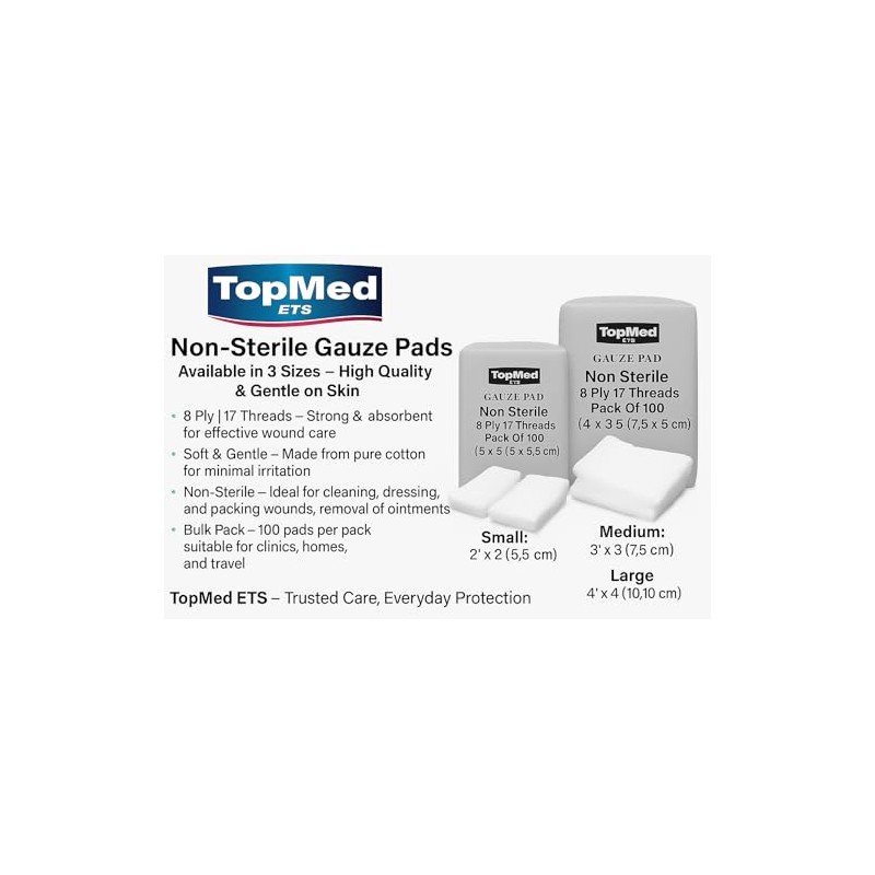 Cotton Gauze Swabs, Non-Sterile,White,8 Ply 17 Threads Pack of 100