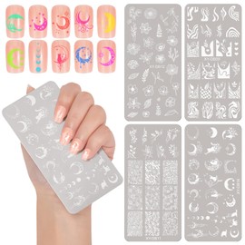 MWOOT 4 Pieces Nail Stencil Stamp Set, Stripes Lines Flower Leaves Moon Cat Theme Stamp Nail Design, French Nail Art Stamping Plates Nail Stamping Manicure Tool Kit