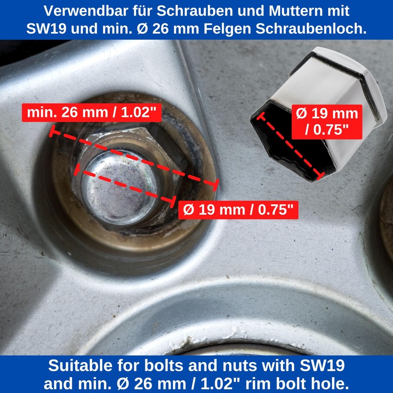 Wheel Bolt and Nut Caps Set, 21 Pieces, for 19