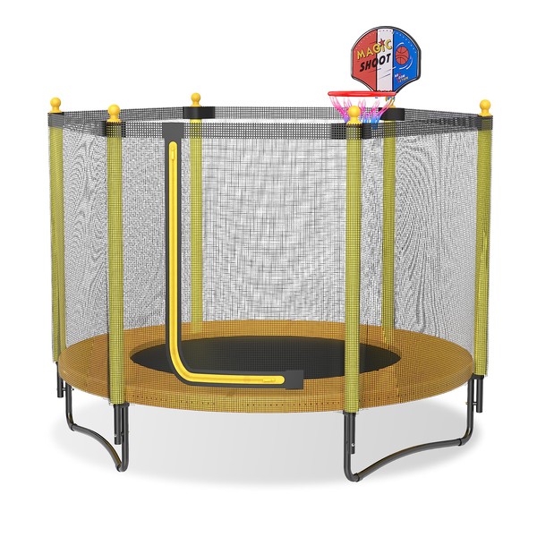 60" Kids Trampoline with Safety Enclosure Net, 5FT Toddler Indoor & Outdoor Trampoline/w Basketball Hoop - Parent-Child Interactive Game Fitness Trampoline Gift for Boys and Girls Age 1-8