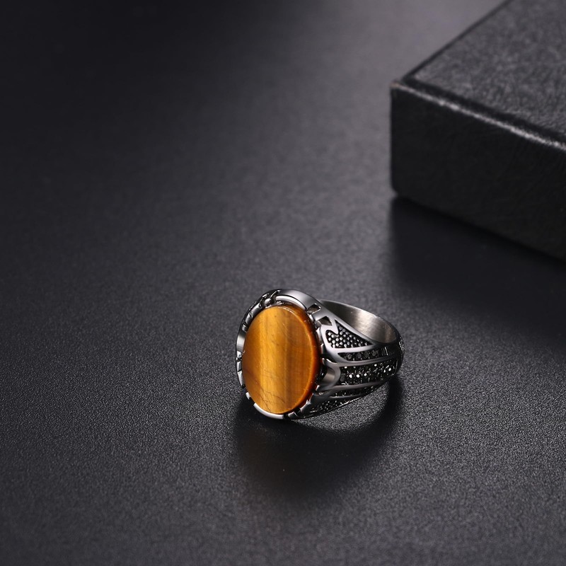 Oidea Tiger Eye Mens Rings: Classic Retro Oval Tiger Eye