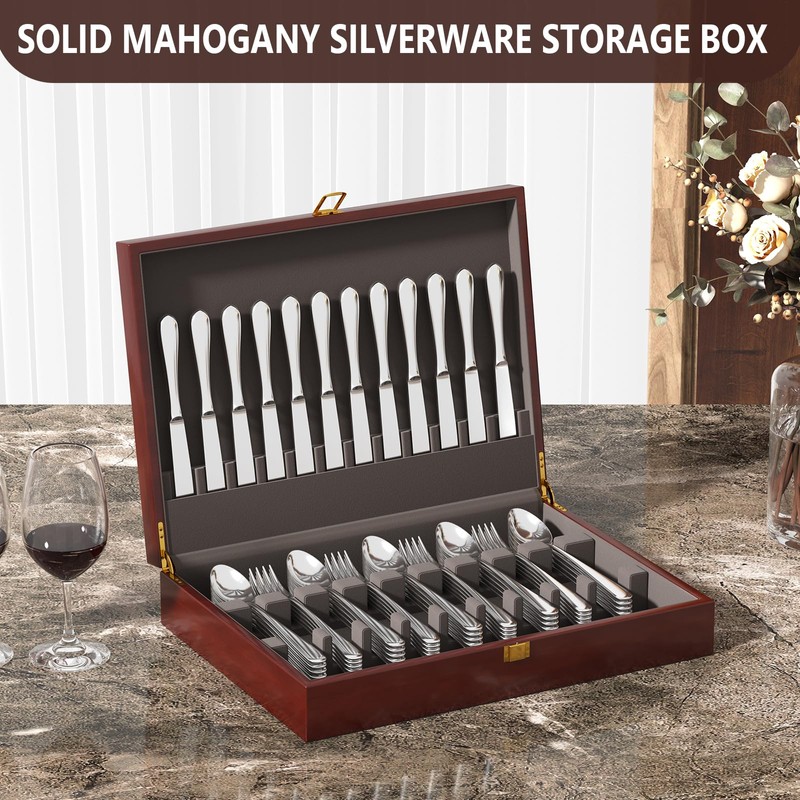 Mahogany Wood Silverware Storage Box,Silverware Case Flatware Chest with Felt