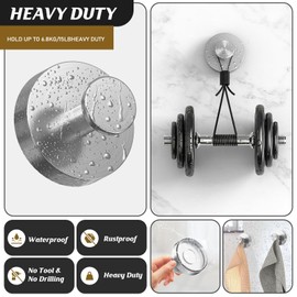 Vezyturly Modern Round Wall Hooks, Suction Cup Hooks for Kitchen/Bathroom/Shower,Brushed Stainless Steel, Heavy Duty, Silver, 2 Pack