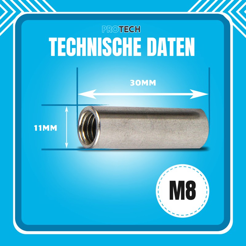 PROTECH Threaded Sleeves M8 x 30 (D=11) Round, A2 Stainless
