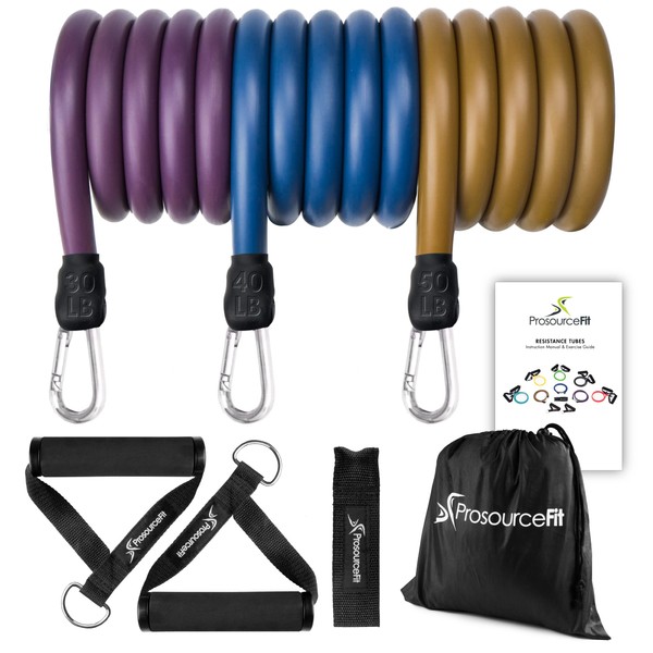 ProsourceFit Premium Heavy Duty Tube Double Dipped Latex Xtreme Stackable Resistance Bands Set 20 to 50 LB with Door Anchor and Exercise Chart Full-Body Exercises and Home Workouts