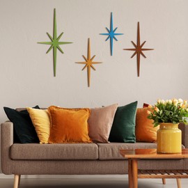 Blulu 4 Pcs Cast Iron Starburst Shaped Wall Decor Metal Mid Century Modern Decor Retro Atomic Stars Wall Art Elegance Accents Vintage Celestial Whimsigoth Hangings for Home Office Room(Modern)
