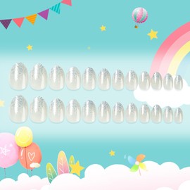 Kawyehu Kids Press on Nails Almond Children Fake Nails Artificial Nail Tips Adhesive Full Cover Short False Fingernails for Girls Kids Nail Decoration (Crystal Diamonds)