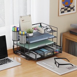Marbrasse Organizador de escritorio y accesorios de 4 niveles con bandeja para archivos de papel y cartas, organizadores de escritorio y accesorios pa