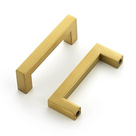 Ravinte 10 Pack 3 Inch Square Cabinet Handles, Brushed Brass Finish, Stainless Steel Kitchen Hardware Pulls with 3" (76mm) Hole Center for Cabinets, Gold