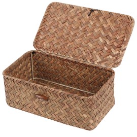 FEIALNDUO Wicker Shelf Baskets with Lid,Seagrass Storage Basket Bins Rectangular Handwoven Basket Boxes for Shelves Desktop Home Organizer (Coffee, X-Small)