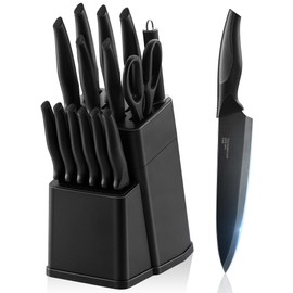 E-far Knife Set with Block, 15 Pieces Kitchen Knife Block Set with Sharpener, High Carbon Stainless Steel Sharp Chef Knife Set with Ergonomic Handles, Anti Rust, Black