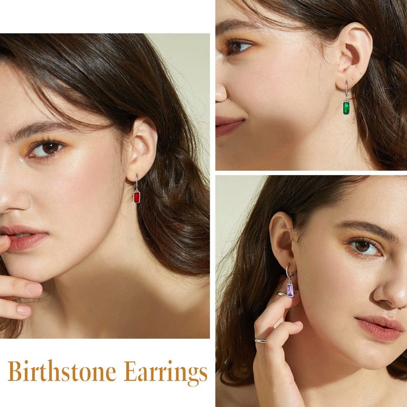 Suplight Tiny Cute 925 Sterling Silver Emerald Cut Birthstone Hoop