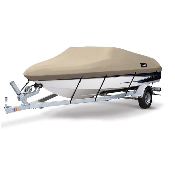 MSC Heavy Duty 600D Marine Grade Polyester Canvas Trailerable Waterproof Boat Cover,Fits V-Hull,Tri-Hull, Runabout Boat Cover (Model D - Length:17'-19' Beam Width: up to 96", Beige)