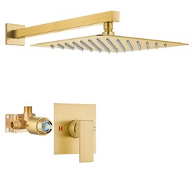 Airuida Shower Faucet Set Bathroom Rain Shower System SUS304 Stainless Steel Single Handle With Male Threads Rough-in Valve Shower Trim Kit 12 Inch Wall Mount Shower Head Brushed Gold