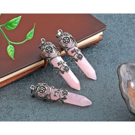 JSDDE Natural Rose Quartz Crystal Necklace Vintage Flower Wrapped Healing Crystals Pendant Necklace for Women