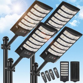4 Pack Solar Street Light Outdoor 30000LM 6500K Waterproof Motion Sensor LED Solar Powered Flood Light with Remote Control Dusk to Dawn Commercial Area Lighting for Outside Parking Lot