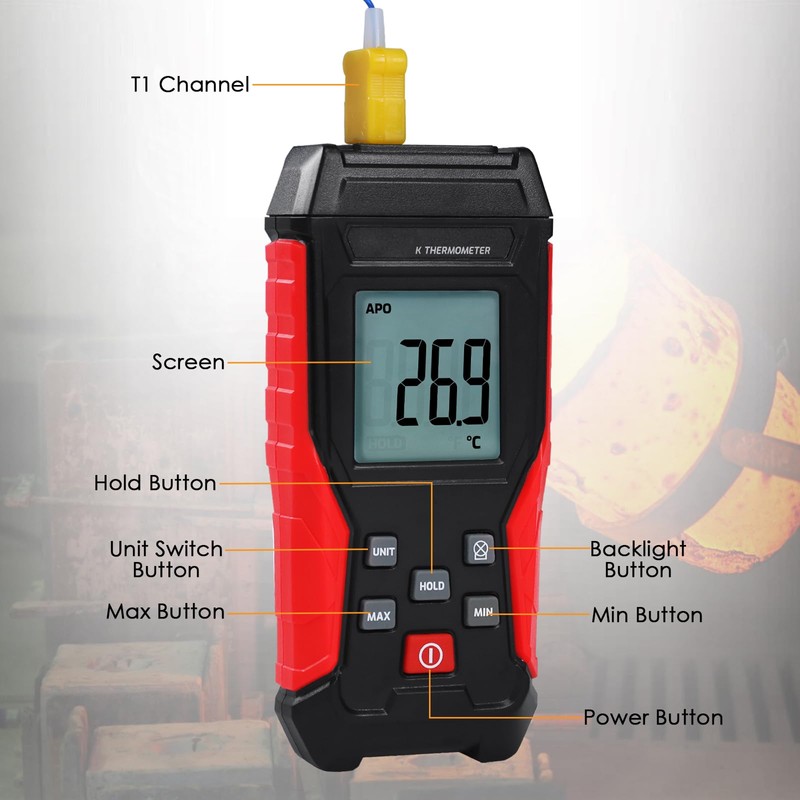 Digital K Type Thermometer with Two Thermocouple Probes, -328°F~2501°F Single