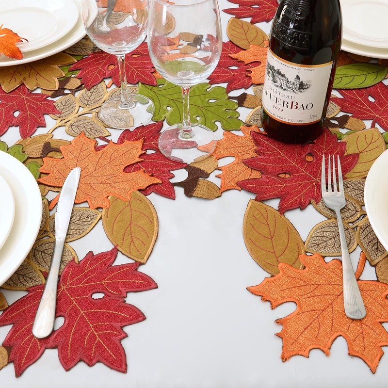 Simhomsen Embroidered Fall Autumn Thanksgiving Multi-Color Leaves Table Runner (14