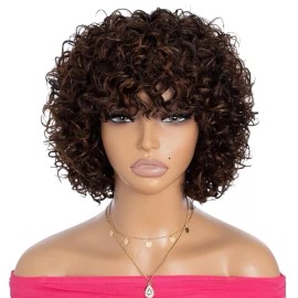 Rebecca Fashion 8" Curly Wig with Bangs, 10A Brazilian Virgin Hair, Mixed Brown