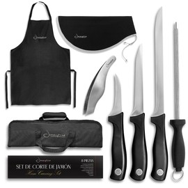 Iberico Ham Set with Ham Carving Knife, Boning Knife, Paring Knife, Knife Steel, Apron, Cover and Jamon Serrano Tongs - Slicing Knife for Meat Cutting - Chef Knife Set With Bag - Serrano Ham Knife