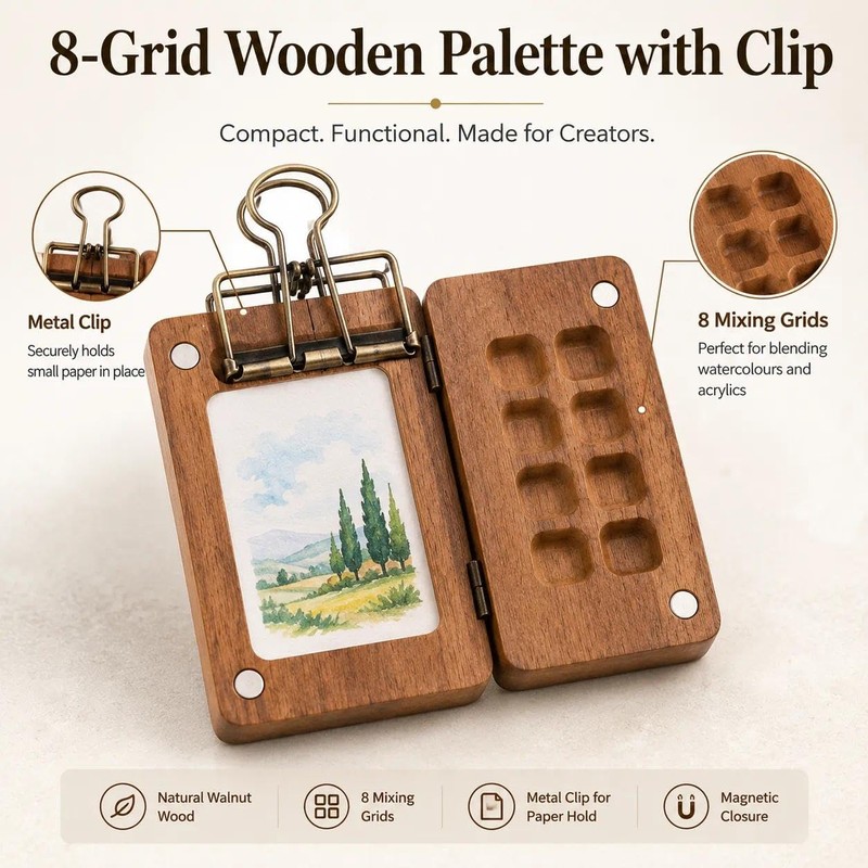 9PCS Travel Watercolour Set,Mini Watercolour Paint Set Travel WoodenPalette