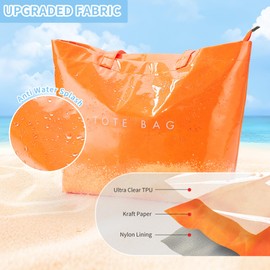 KALIDI PVC Zipper Tote Bag, Kraft Paper Beach Bag Large Hobo Carry All Travel Shopping Handbag Plastic Shoulder Bag (Orange)