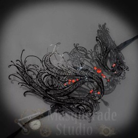 BeyondMasquerade Womens Beautiful Swan Filigree Venetian Black Masquerade Mask [Red Rhinestones]