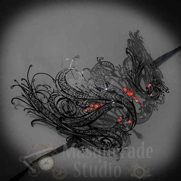 BeyondMasquerade Womens Beautiful Swan Filigree Venetian Black Masquerade Mask [Red