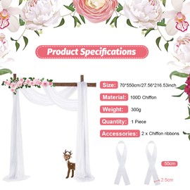 THATSRAD Pelmet Freehand Decoration Chiffon Curtain Wedding 70 x 550 cm Window Decoration Transparent Voile Wedding Arch White Curtains Tulle for Photography Party