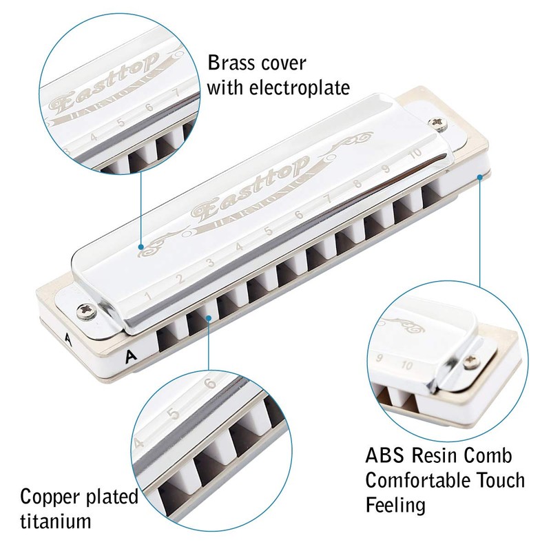 East top Blues Harmonica Key of A, 10 Holes Diatonic