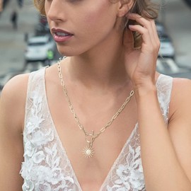 DoreenBeads Gold Paperclip Chain Necklace for Women-18K Gold Plated Radiant Sun Moon Star Charm Pendant Toggle Paper Clip Chain Necklace for Women Teen Girls Celestial Jewelry Gifts 20"