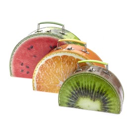 TURBO PRODUKTE 3-Piece Set Children's Suitcase - Play Case for Girls and Boys Round with Fruit Motif Melon, Orange, Kiwi - Ideal for Travel and Order in the Children's Room, orange