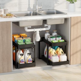 APRTAT 2 Pack Under Sink Organizer, Bamboo Wooden 2-Tier Pull-Out Storage with Sliding Drawers for Kitchen and Bathroom Cabinets, Easy Installation (Black, 2 Packs)